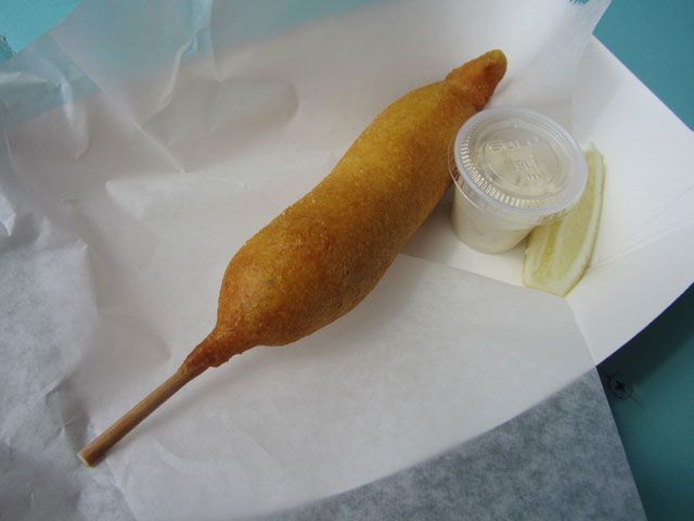 While L&W Oysters had the misfortune of opening during Hurricane Sandy, they've gained a loyal audience for bivalves & other fishy treats. This shrimp and pancetta corn dog ($9), served with a house tartar sauce, puts a sweet and salty twist on a summer classic.